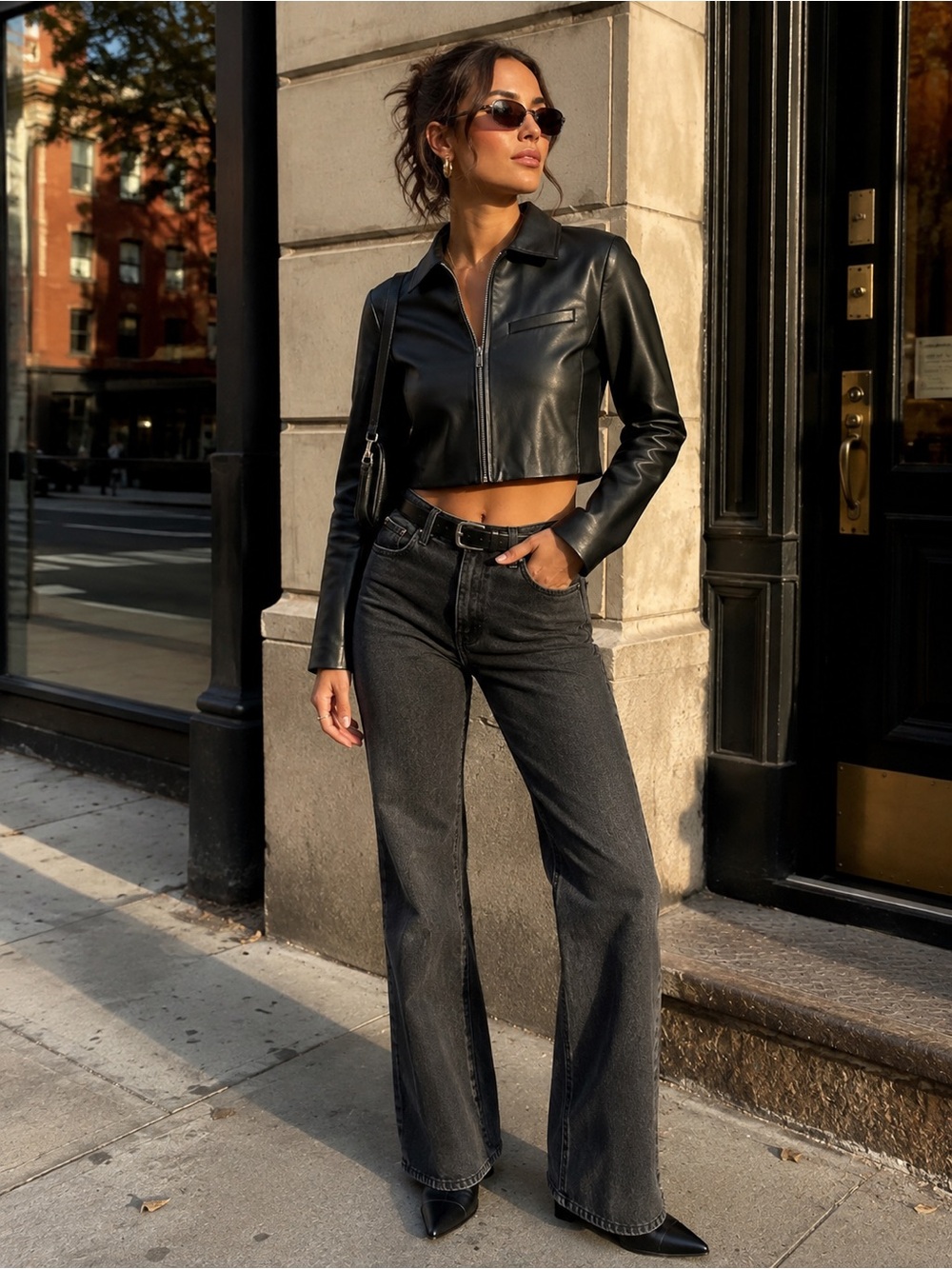 Zara Black Faux Leather Cropped Zip Jacket Y2K Minimalist Size S
